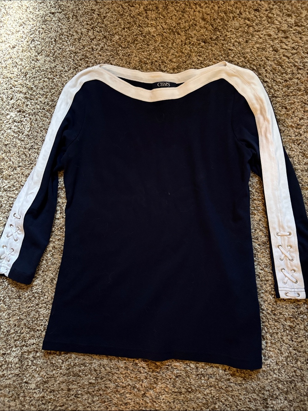 Chaps Navy Long Sleeve Top with White Lace-Up Trim